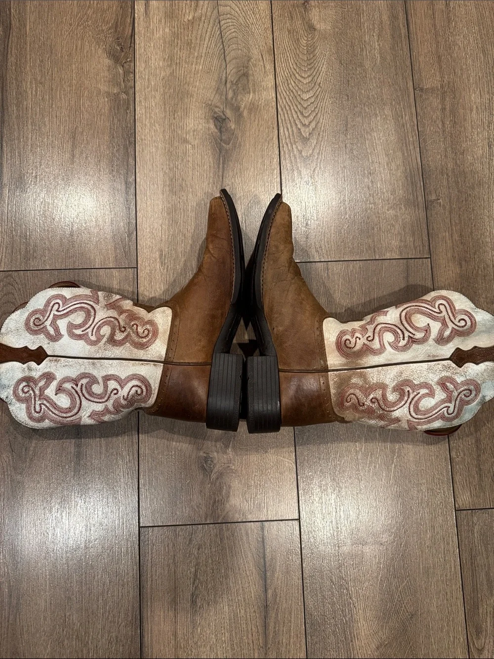 Ariat Women’s Brown Leather Cowboy Boots with White & Red Embroidered Shaft